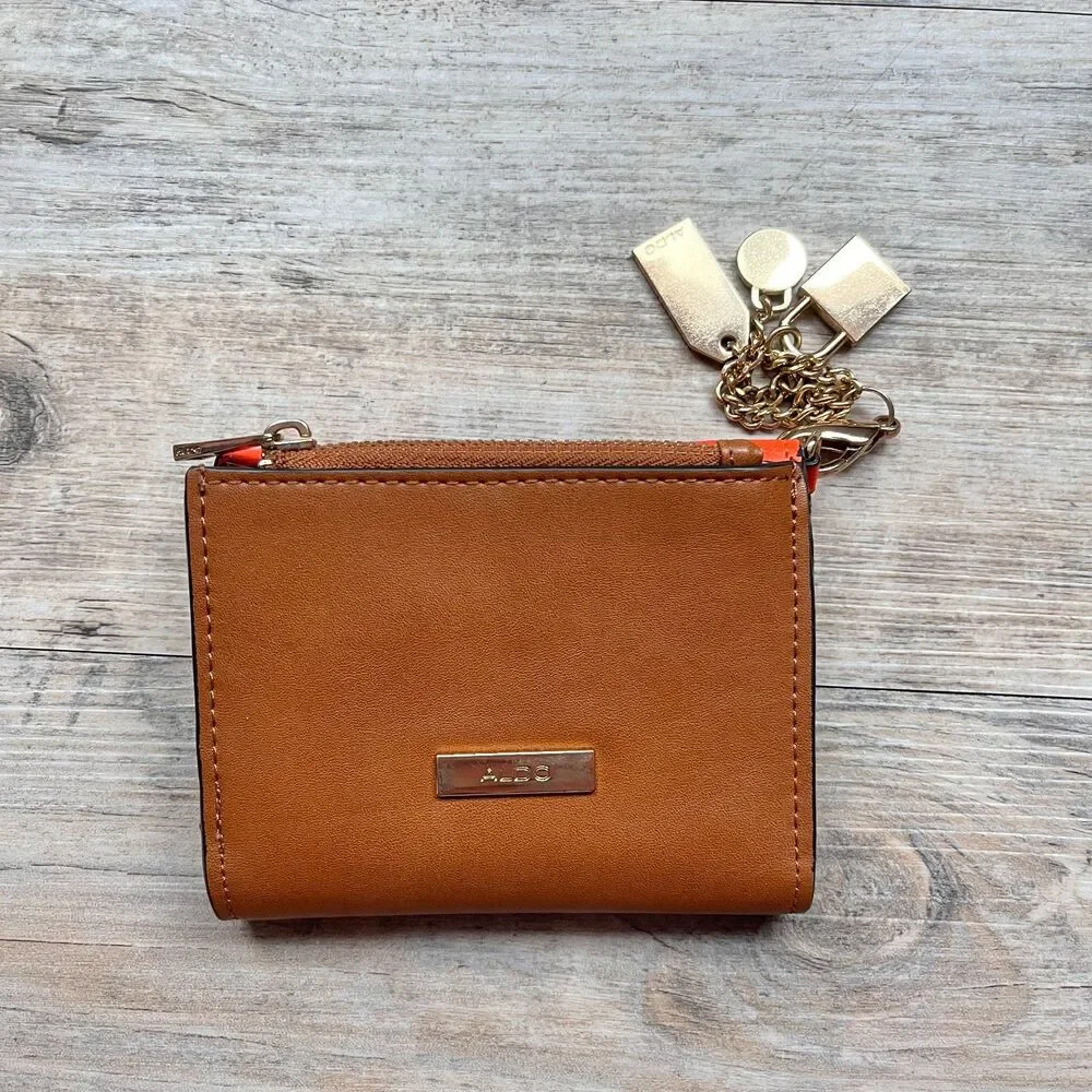 ALDO Leather Wallet Orange Brown Colorblock Chain Accent Compact Chic Fold